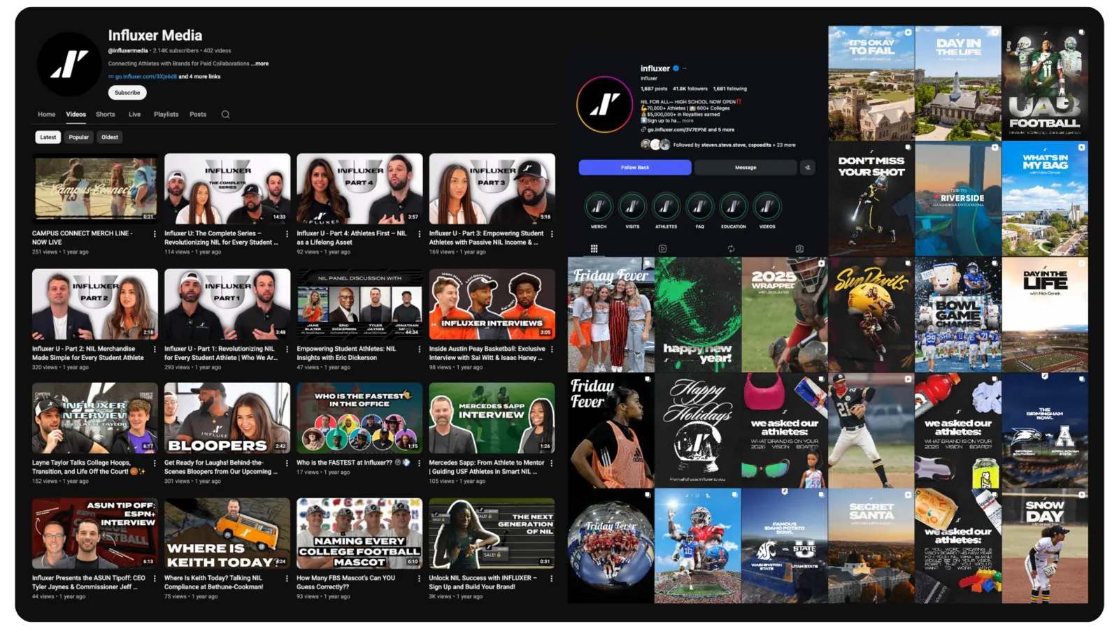 Influxer Media YouTube channel and Instagram grid